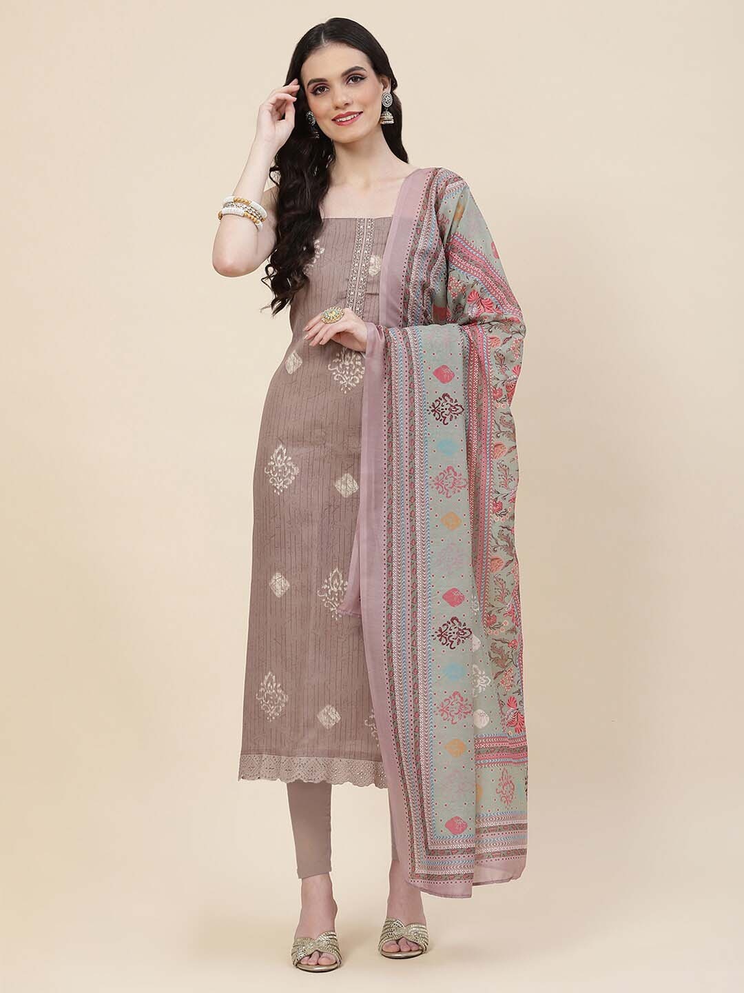 

Meena Bazaar Ethnic Motifs Printed Unstitched Dress Material, Brown