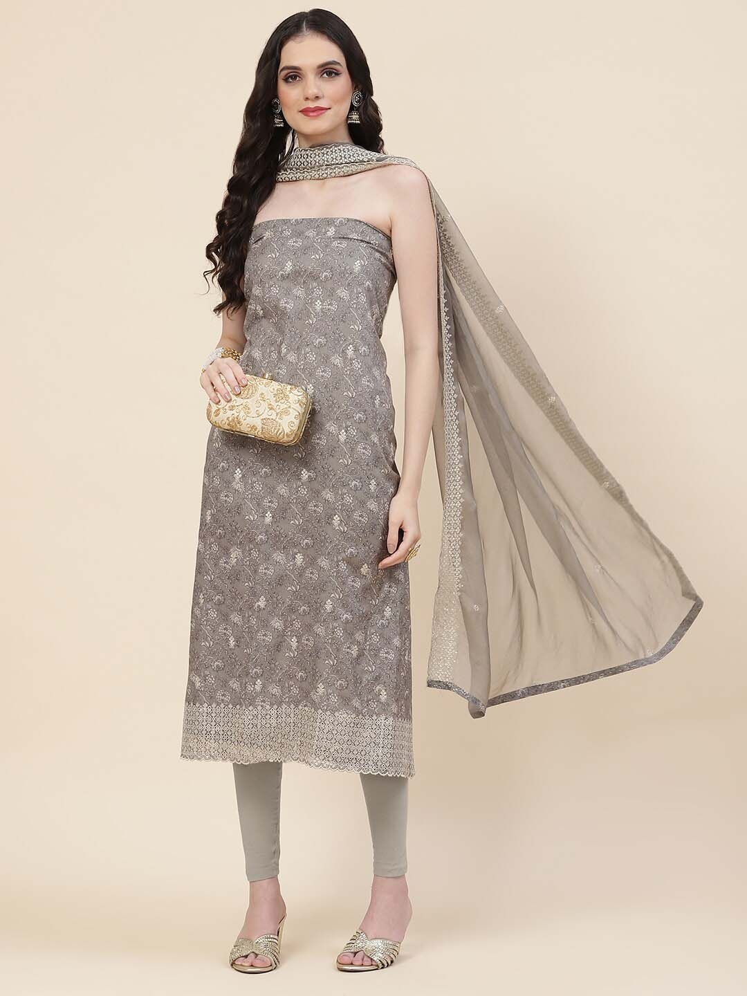 

Meena Bazaar Ethnic Motifs Printed Unstitched Dress Material, Grey