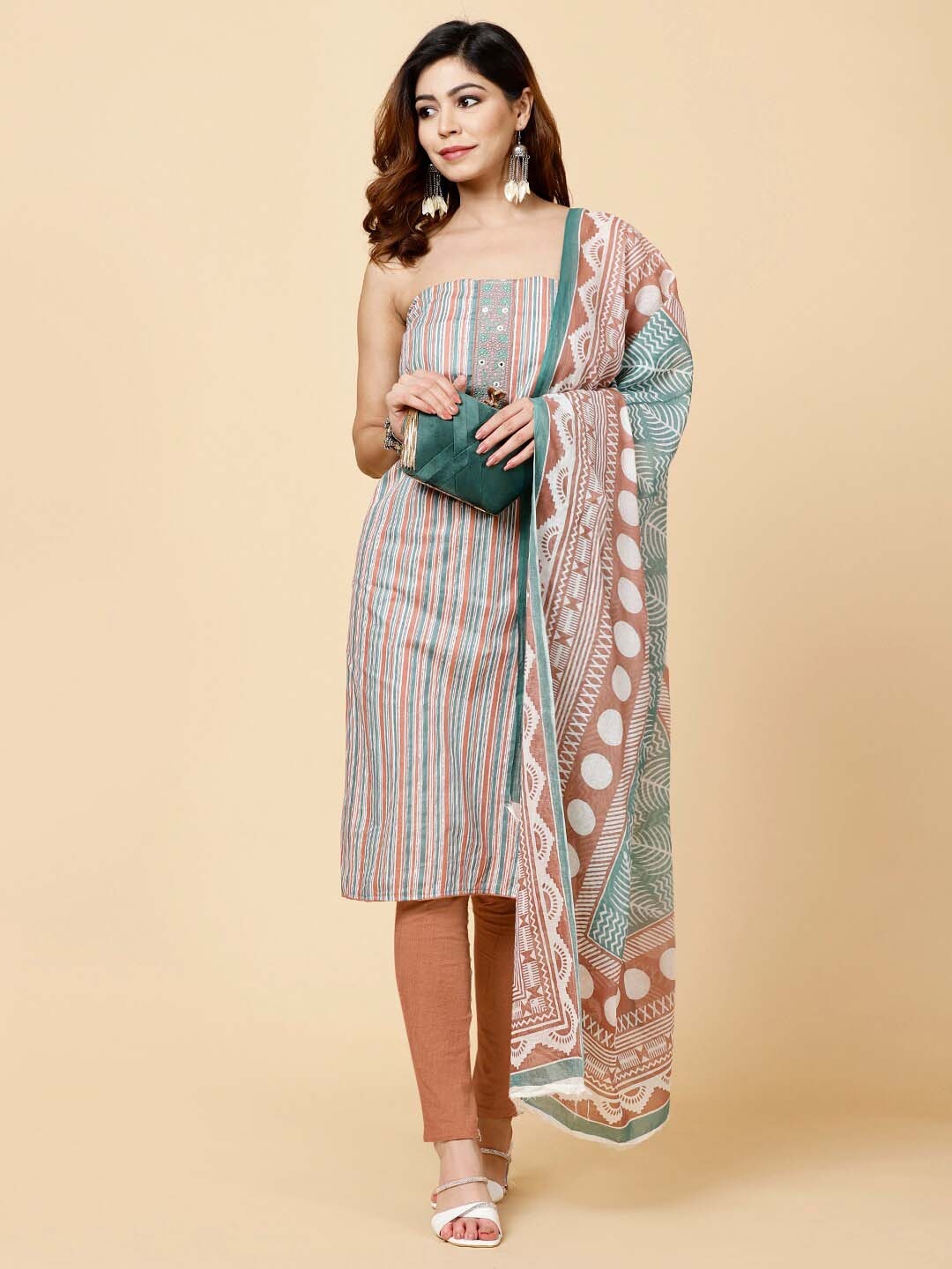 

Meena Bazaar Striped Mirror Work Unstitched Dress Material, Turquoise blue