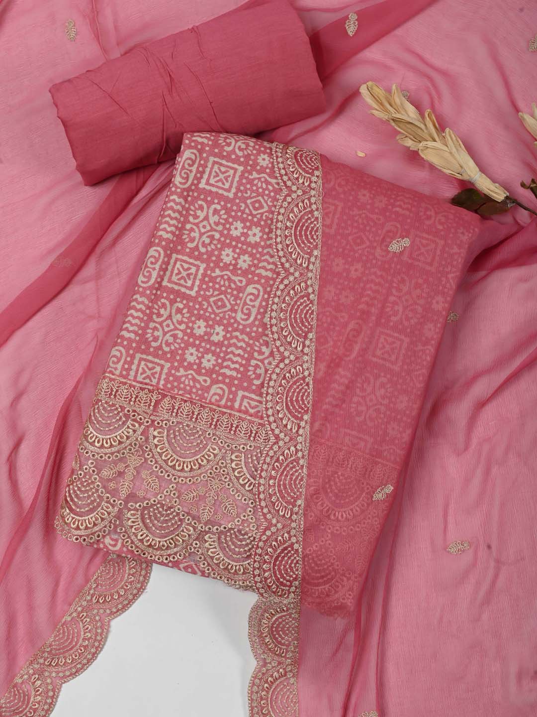 

Meena Bazaar Ethnic Motifs Printed Lace Unstitched Dress Material, Mauve