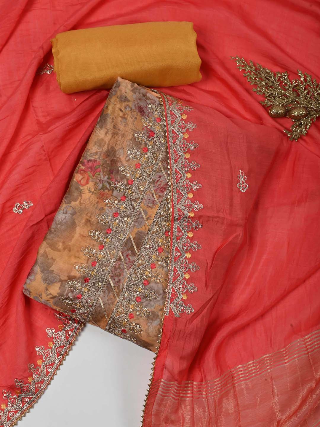 

Meena Bazaar Embroidered Art Silk Unstitched Dress Material, Mustard