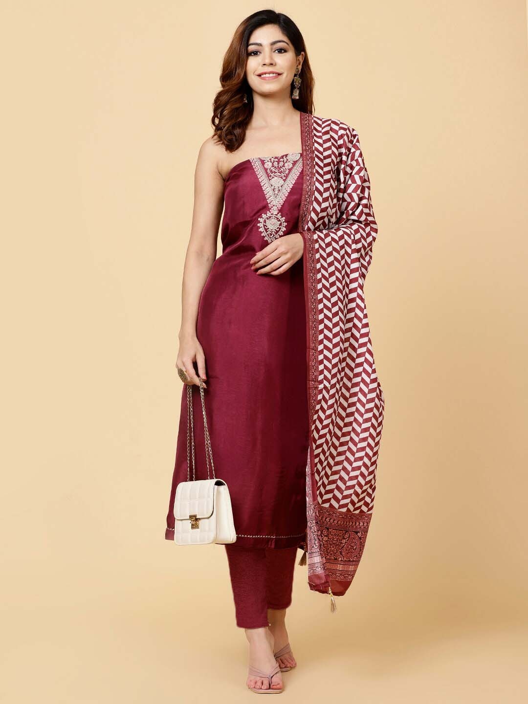 

Meena Bazaar Art Silk With Zardozi Work Unstitched Dress Material, Burgundy