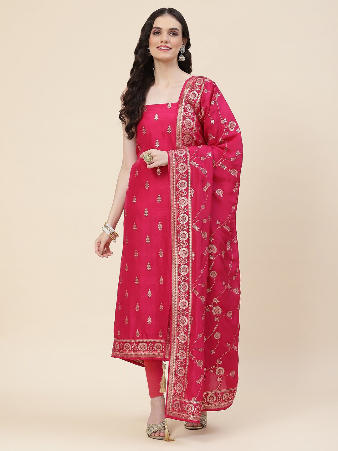 

Meena Bazaar Woven Design Unstitched Dress Material, Pink