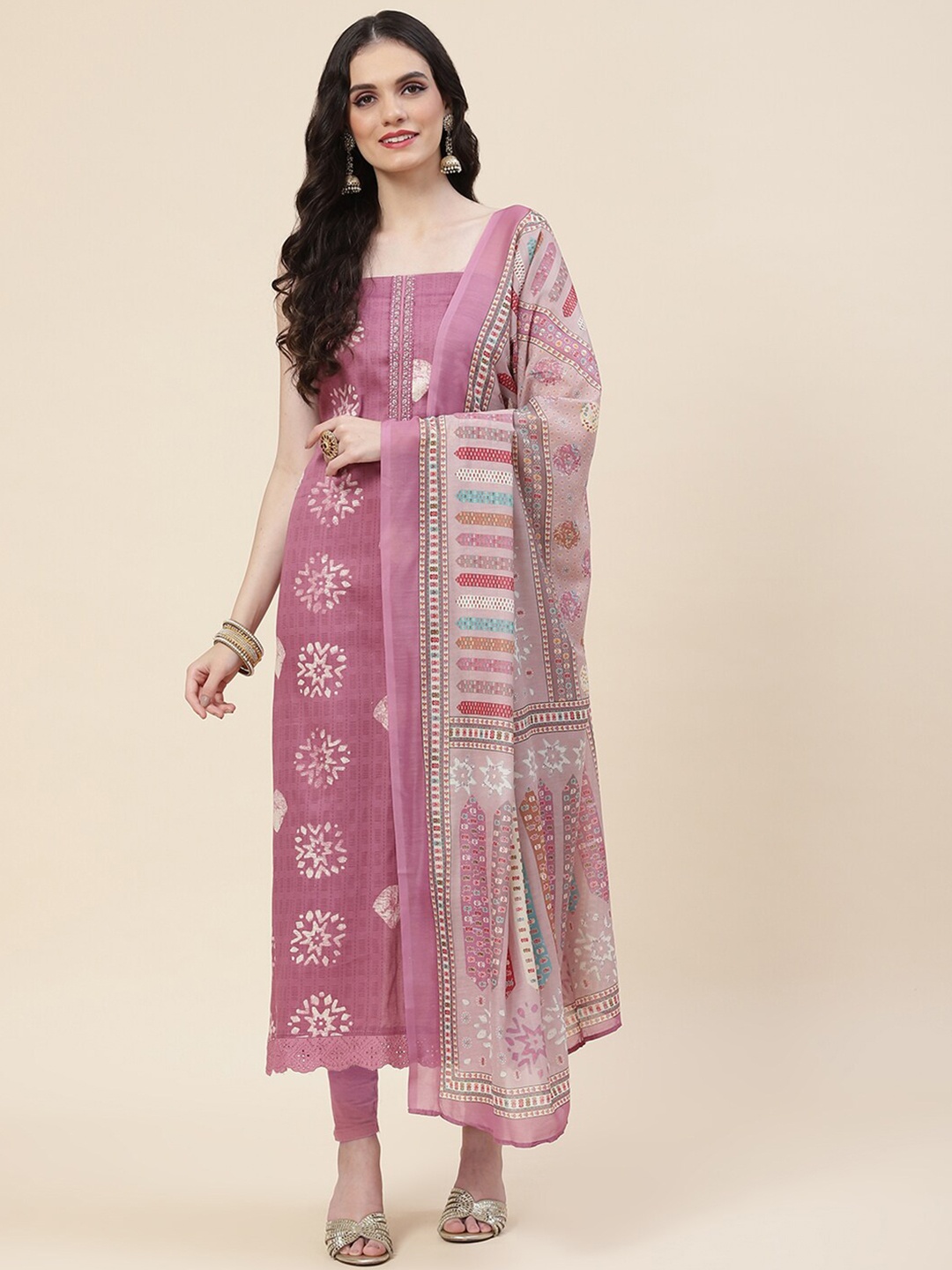 

Meena Bazaar Floral Printed With Thread Work Unstitched Dress Material, Mauve