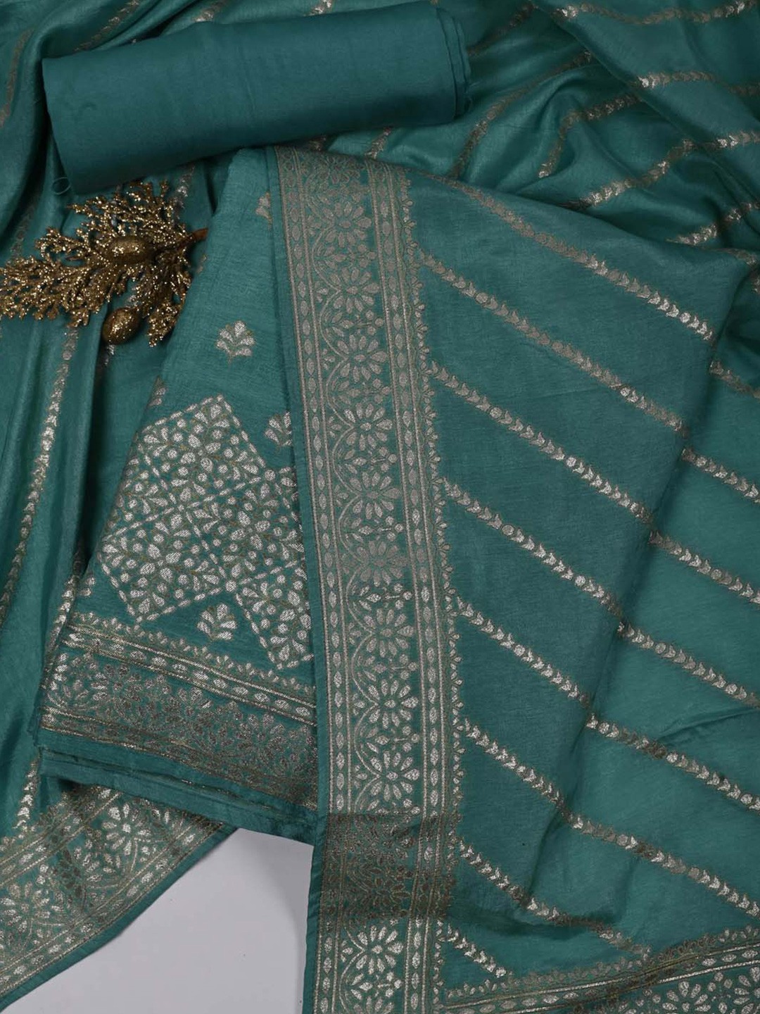 

Meena Bazaar Floral Woven Design Unstitched Dress Material, Blue