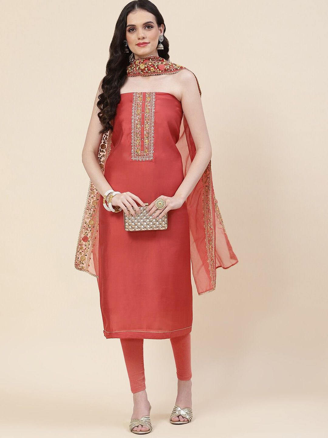 

Meena Bazaar Embroidered Sequinned Art Silk Unstitched Dress Material, Coral