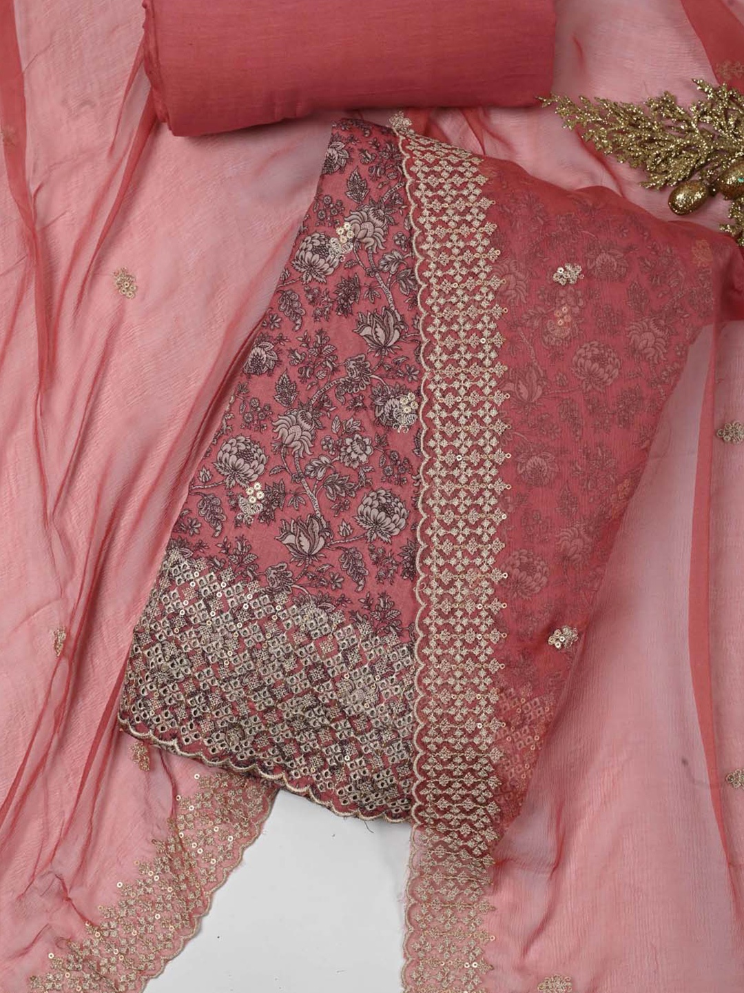 

Meena Bazaar Floral Printed Sequinned Unstitched Dress Material, Pink