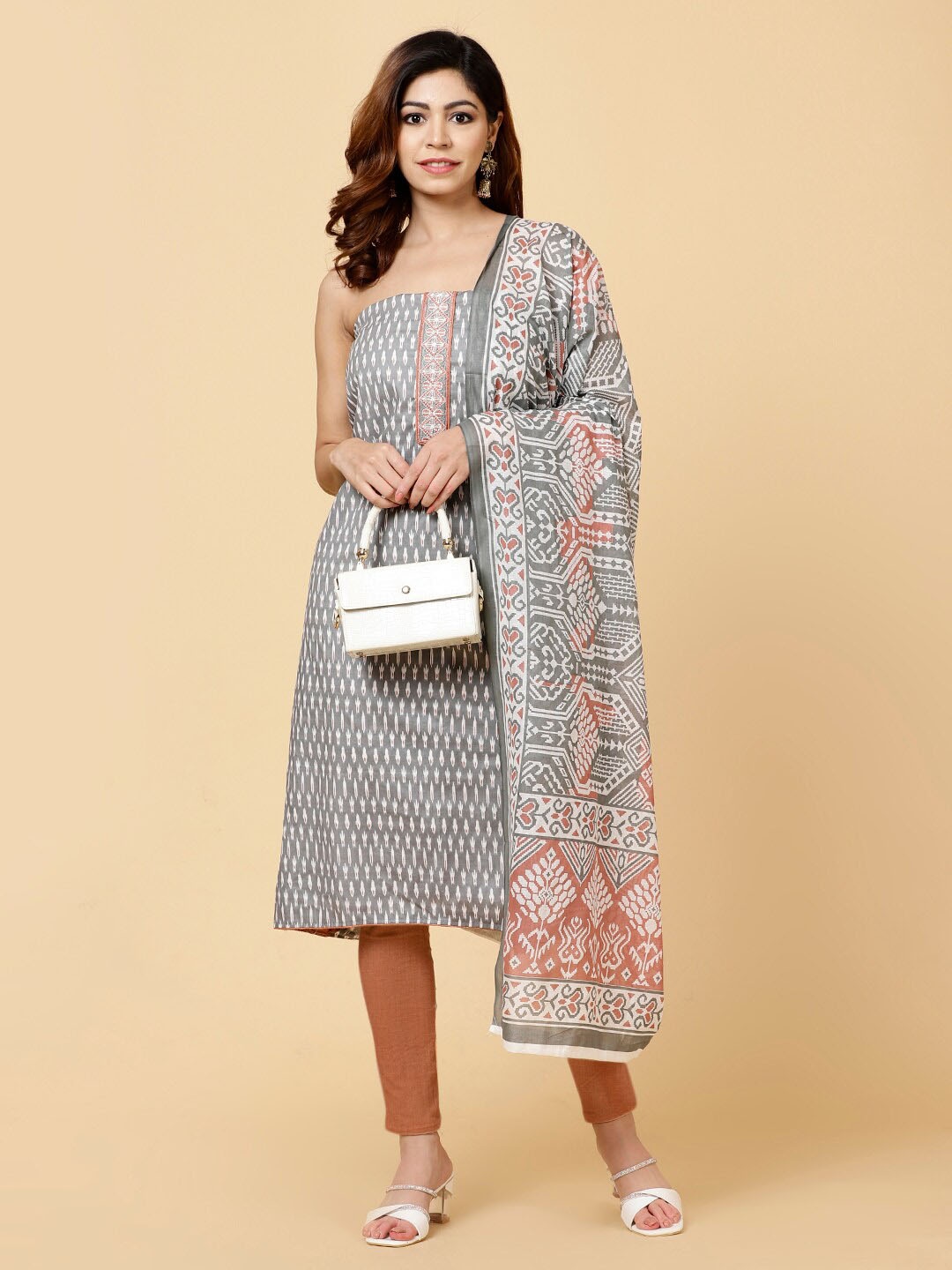 

Meena Bazaar Ethnic Motifs Printed Unstitched Dress Material, Grey