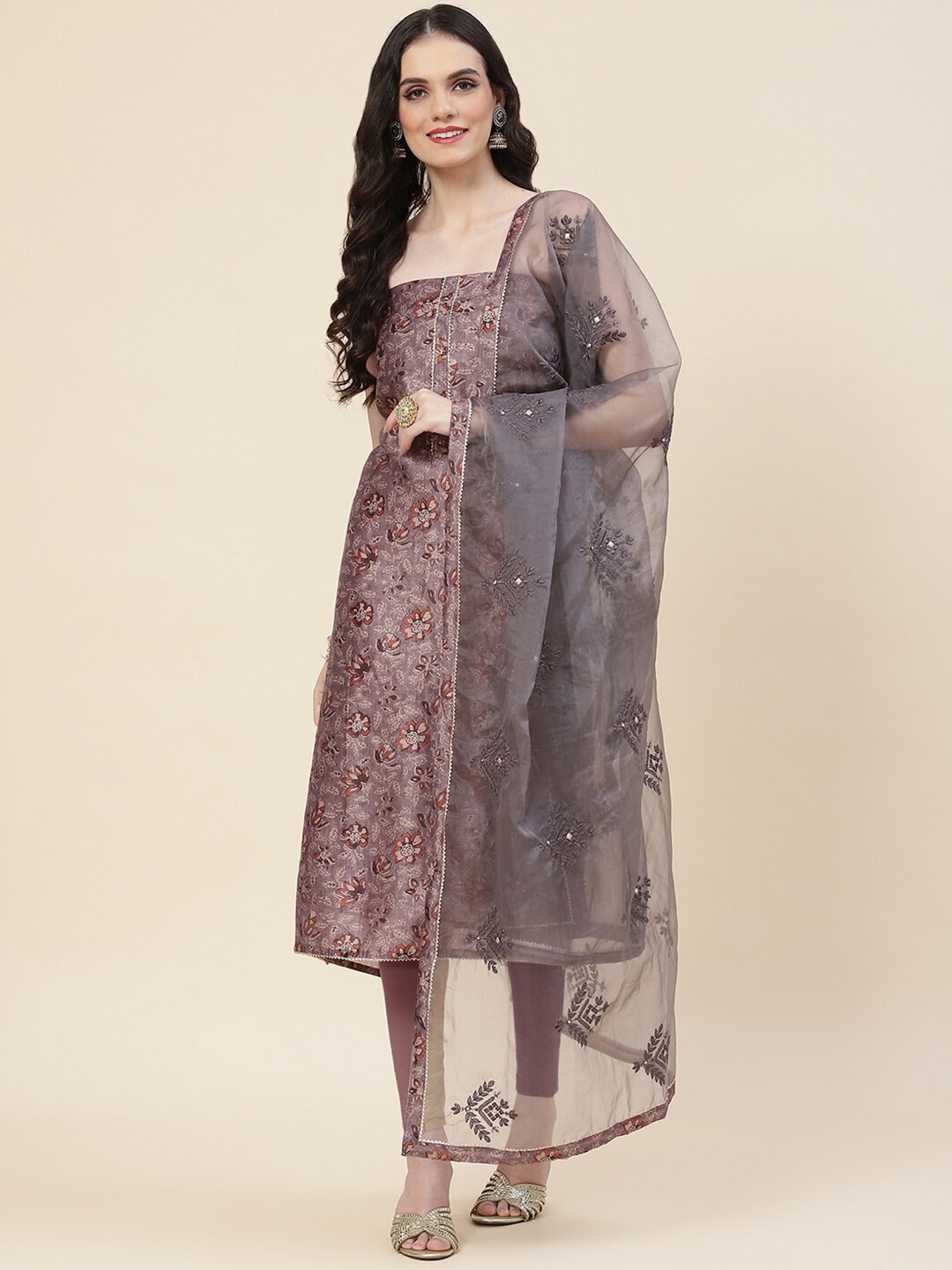 

Meena Bazaar Ethnic Motifs Printed Gotta Patti Unstitched Dress Material, Grey