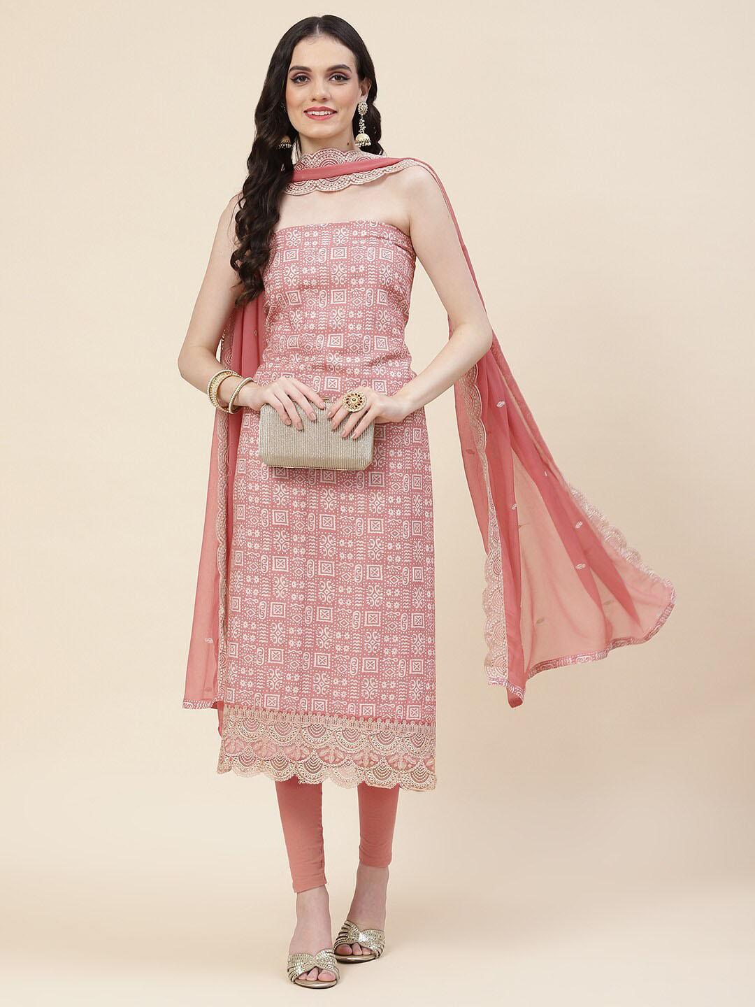 

Meena Bazaar Ethnic Motif Printed Unstitched Dress Material, Peach