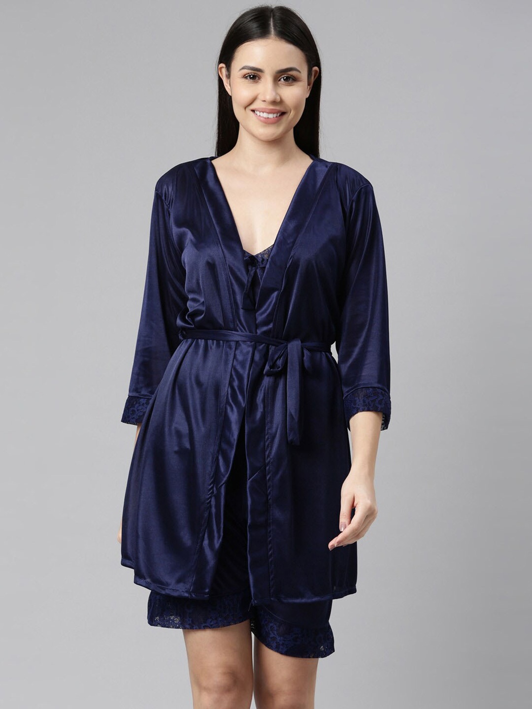 

Bailey sells 2 Piece Satin Night Suit With Robe, Navy blue
