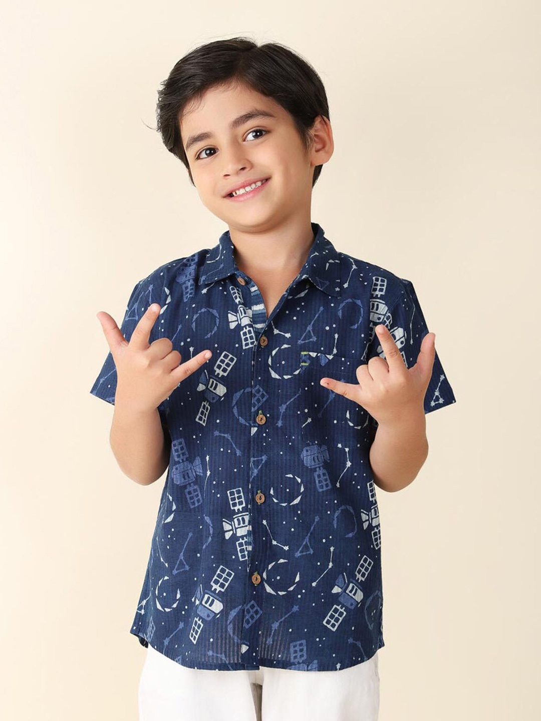 

Fabindia Boys Conversational Printed Cotton Casual Shirt, Navy blue