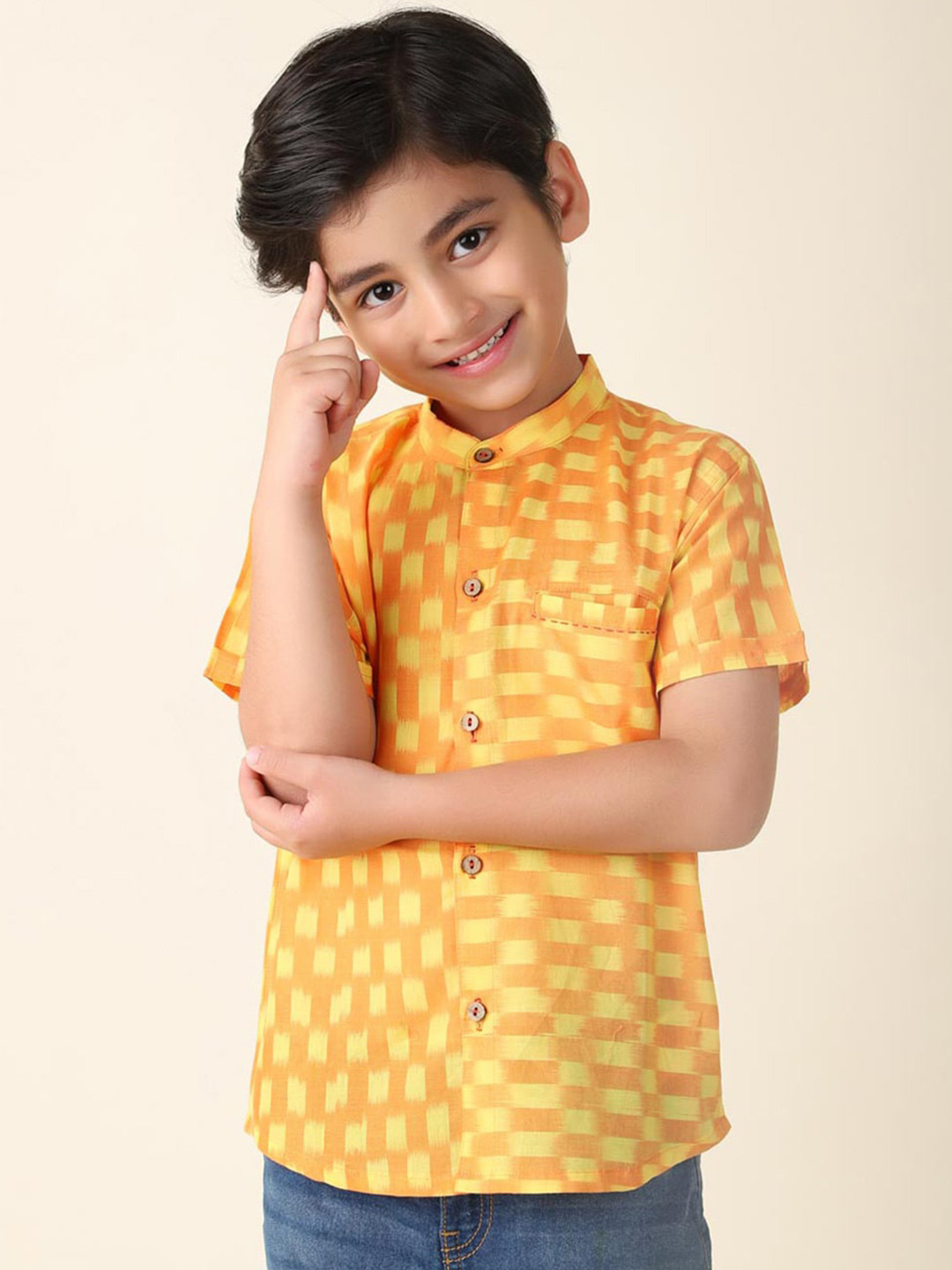 

Fabindia Boys Geometric Printed Casual Cotton Shirt, Yellow