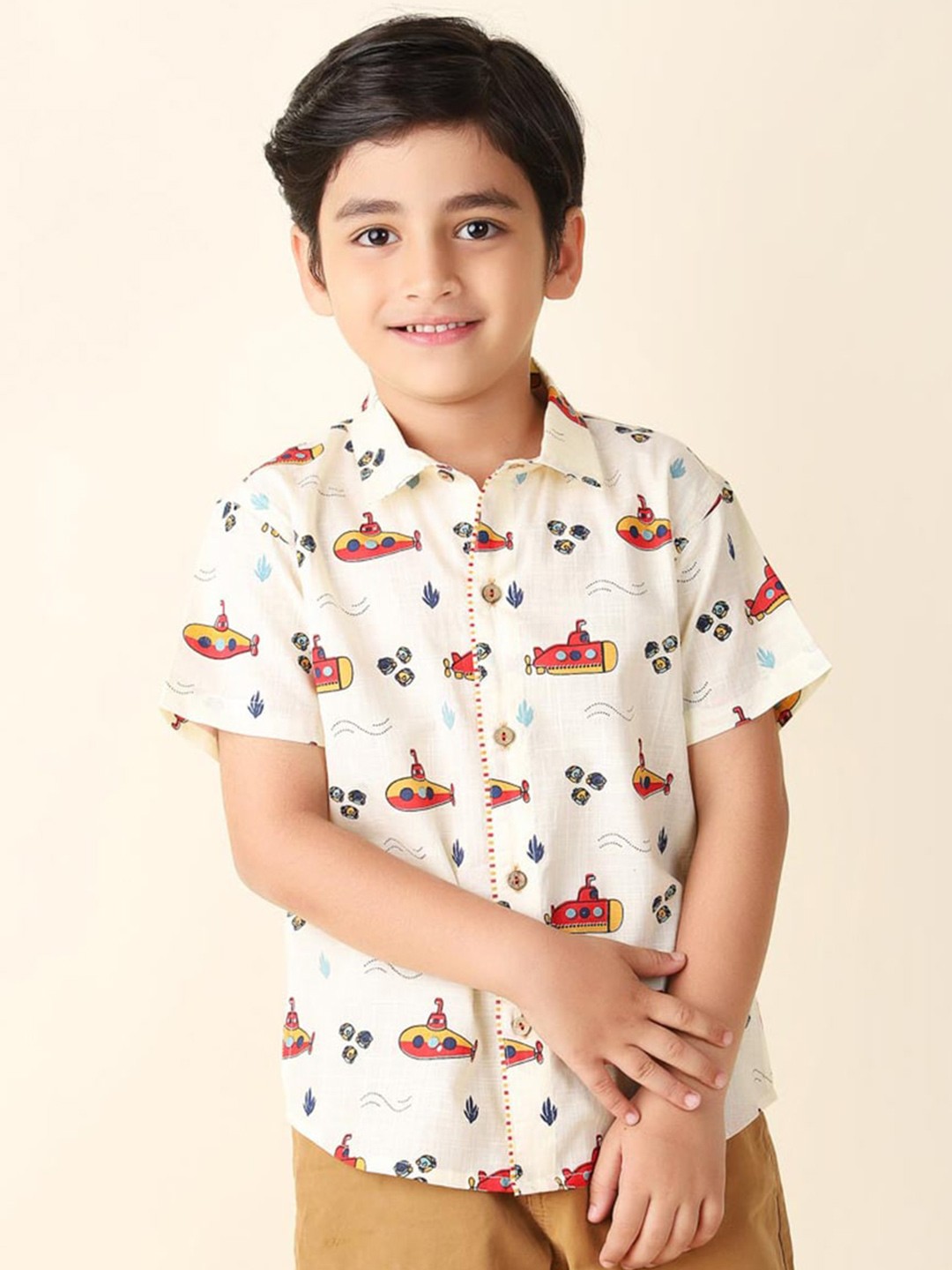 

Fabindia Boys Conversational Printed Casual Cotton Shirt, Cream