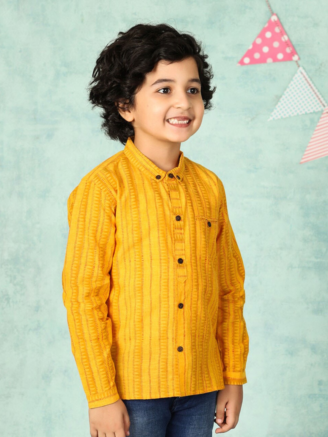 

Fabindia Boys Abstract Printed Button-Down Collar Cotton Casual Shirt, Mustard