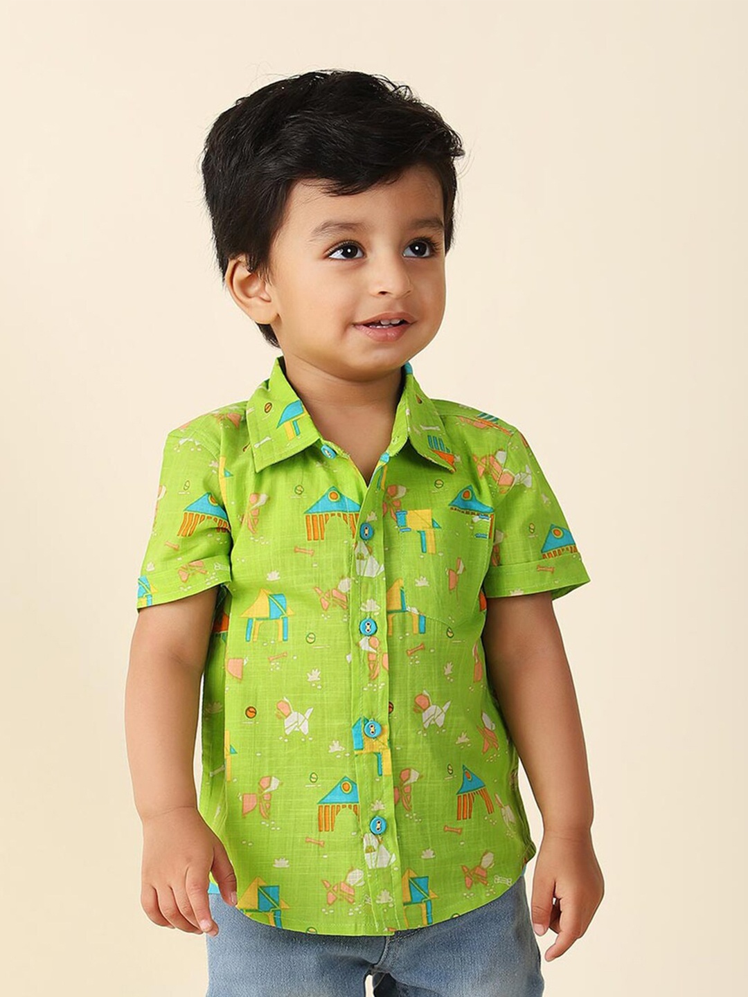 

Fabindia Infants Boys Geometric Printed Cotton Casual Shirt, Green