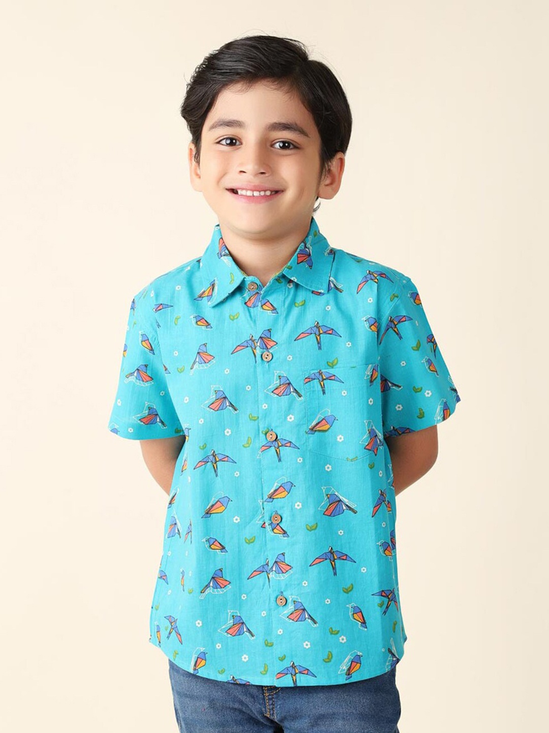 

Fabindia Boys Conversational Printed Cotton Casual Shirt, Blue