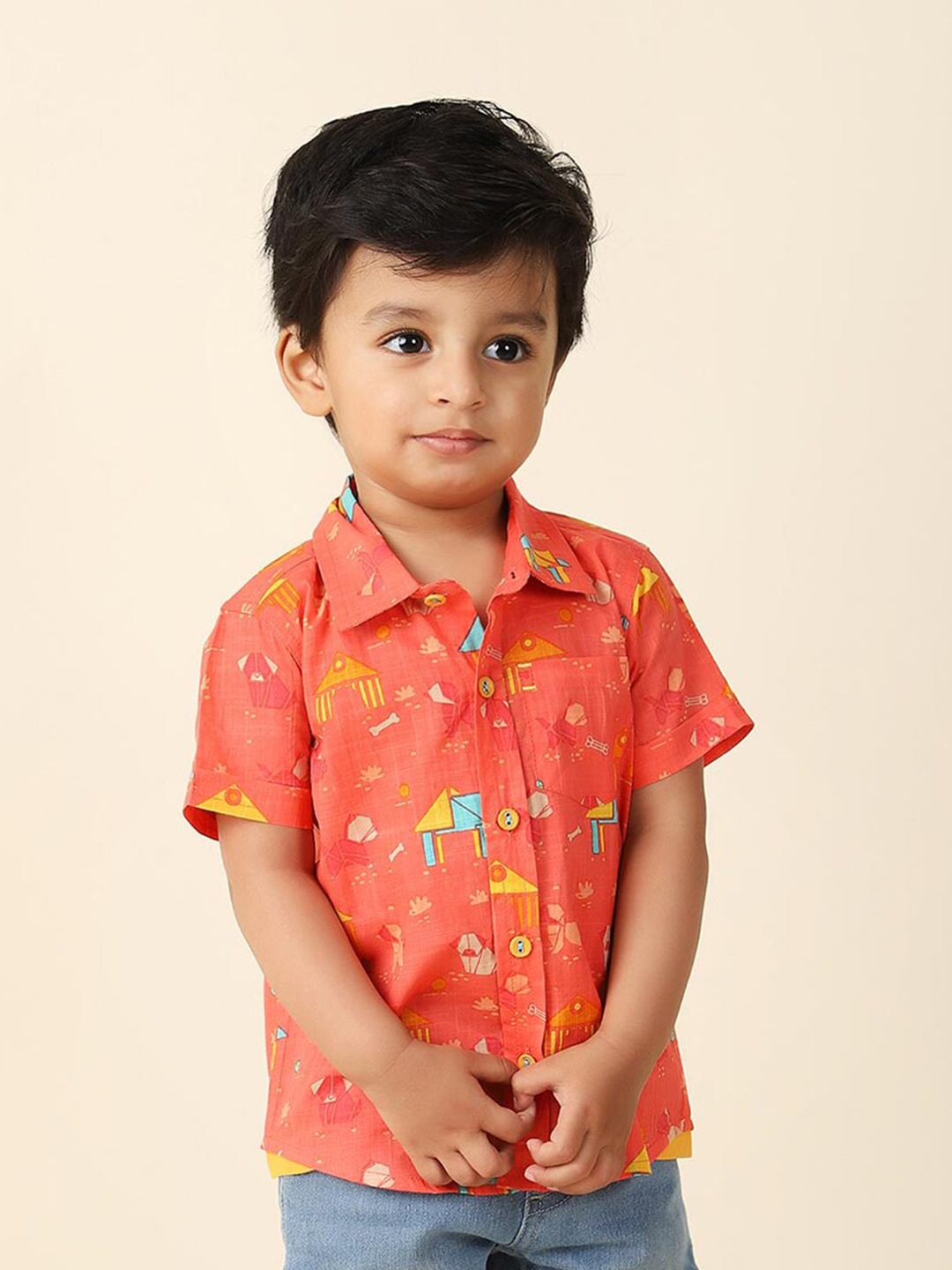

Fabindia Boys Geometric Printed Cotton Casual Shirt, Red