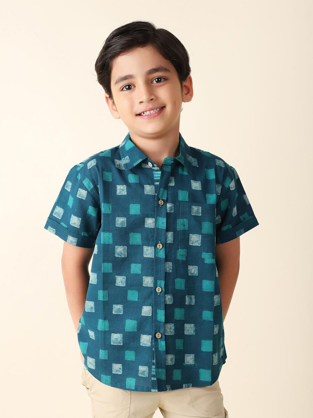 

Fabindia Boys Geometric Printed Cotton Casual Shirt, Teal
