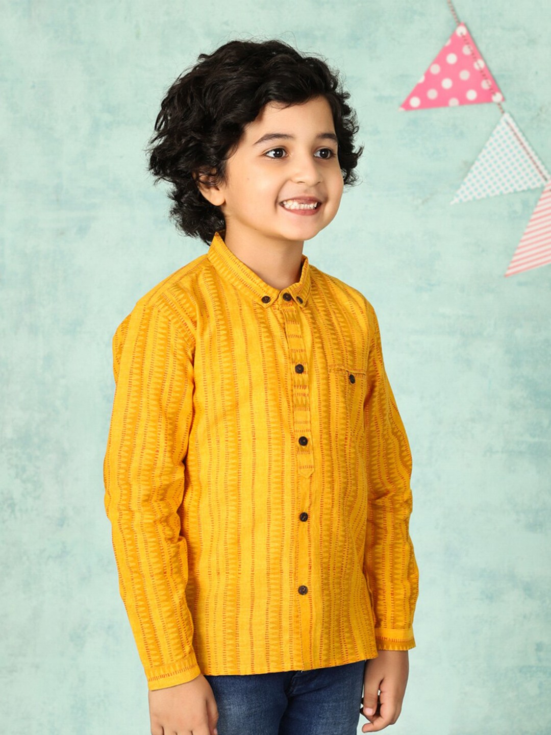 

Fabindia Boys Striped Button-Down Collar Cotton Casual Shirt, Mustard