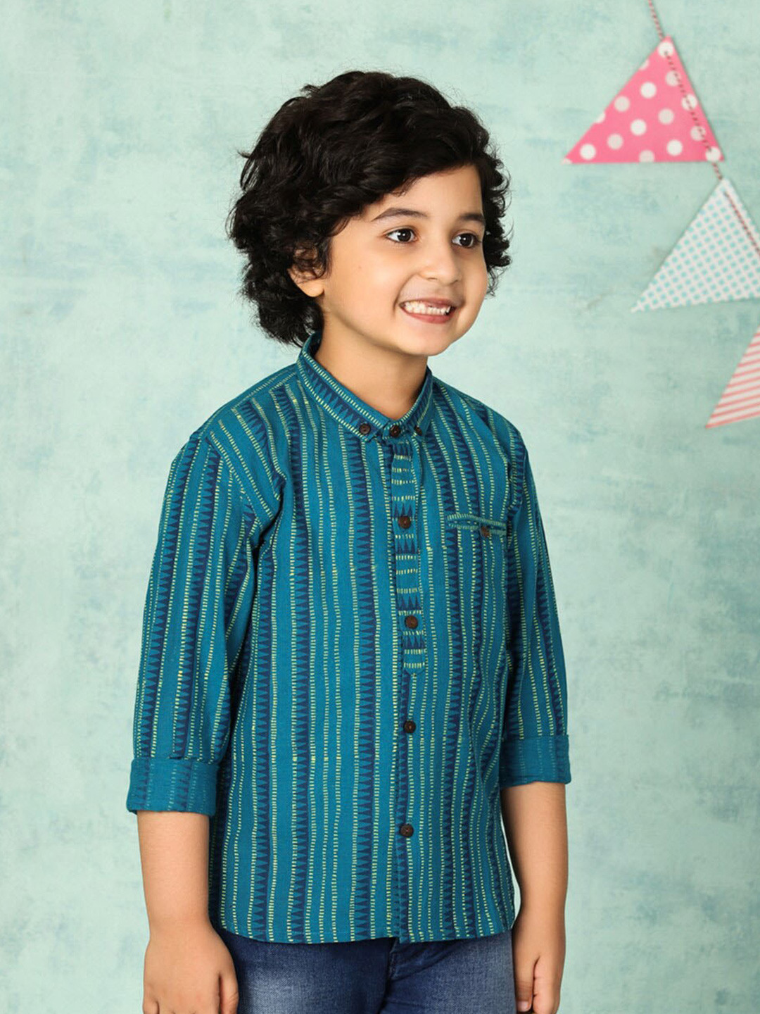 

Fabindia Boys Striped Button-Down Collar Cotton Casual Shirt, Teal