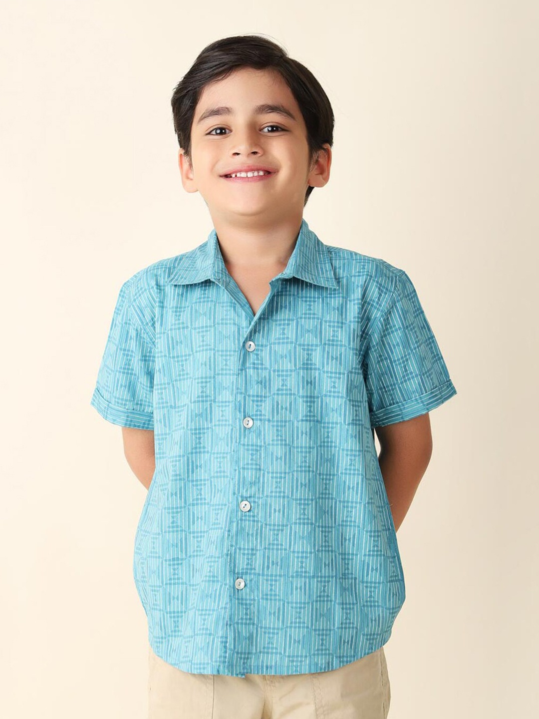 

Fabindia Boys Geometric Printed Cotton Casual Shirt, Blue