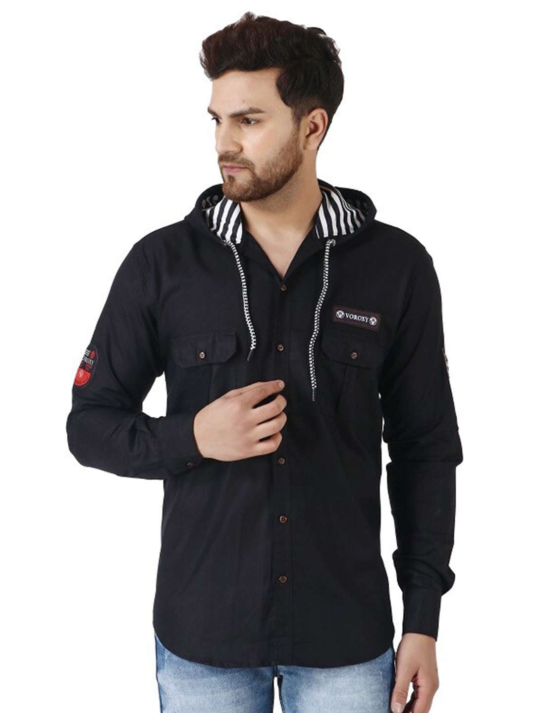 

Voroxy Hooded Opaque Casual Shirt, Black