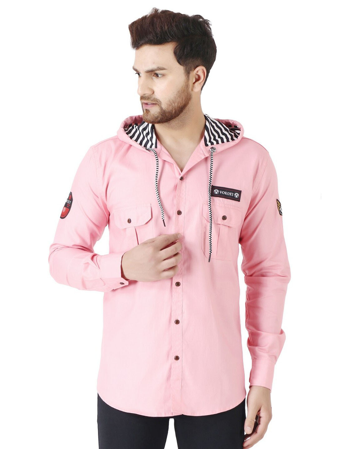 

Voroxy Hooded Opaque Casual Shirt, Rose