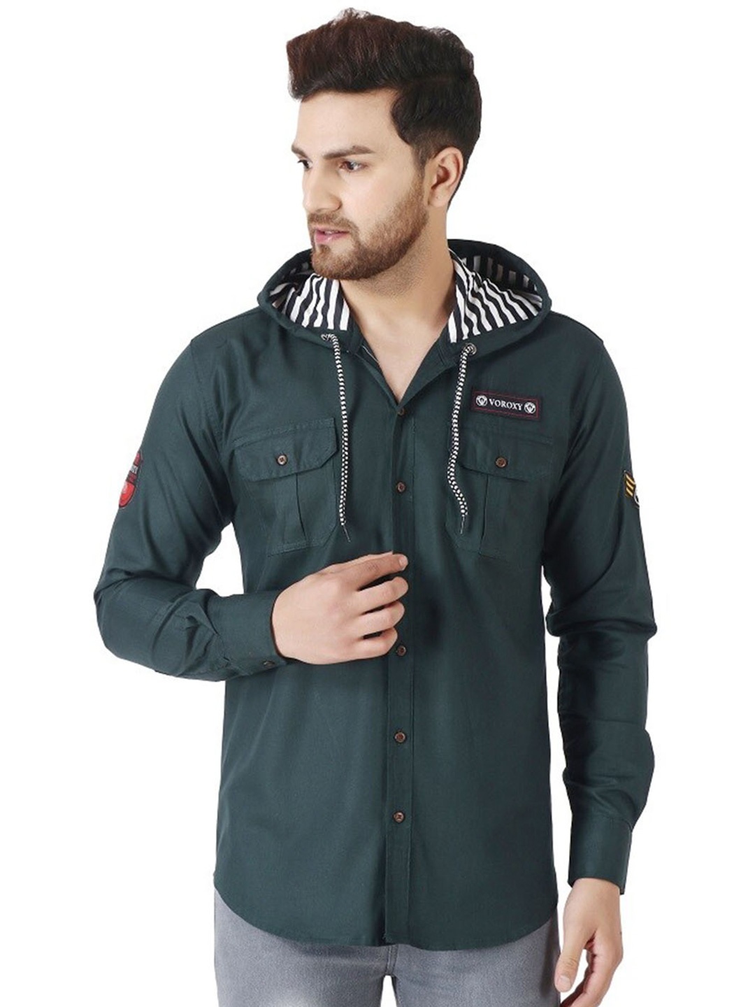 

Voroxy Hooded Opaque Casual Shirt, Green