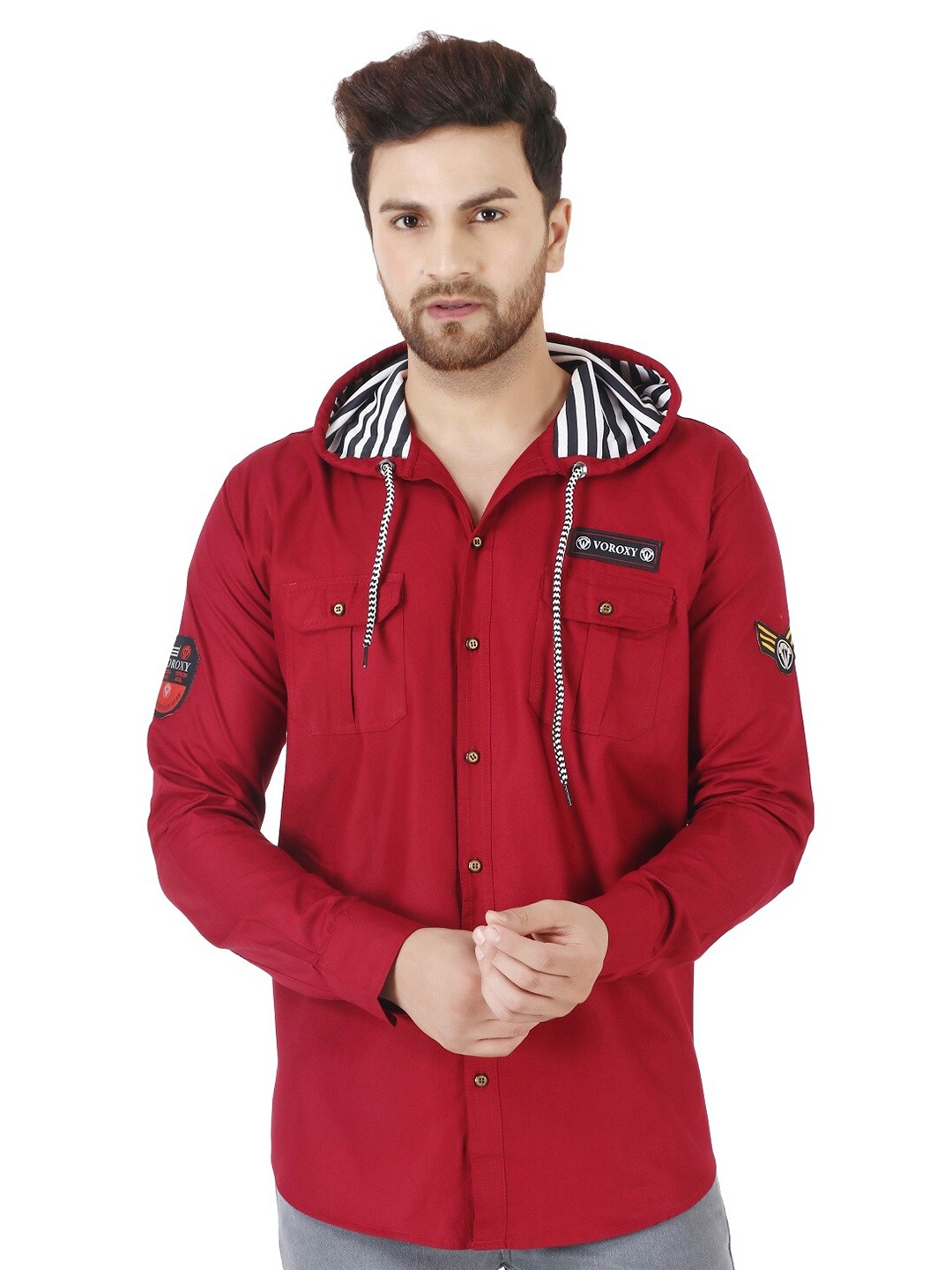 

Voroxy Regular Fit Hood Collar Cotton Casual Shirt, Maroon