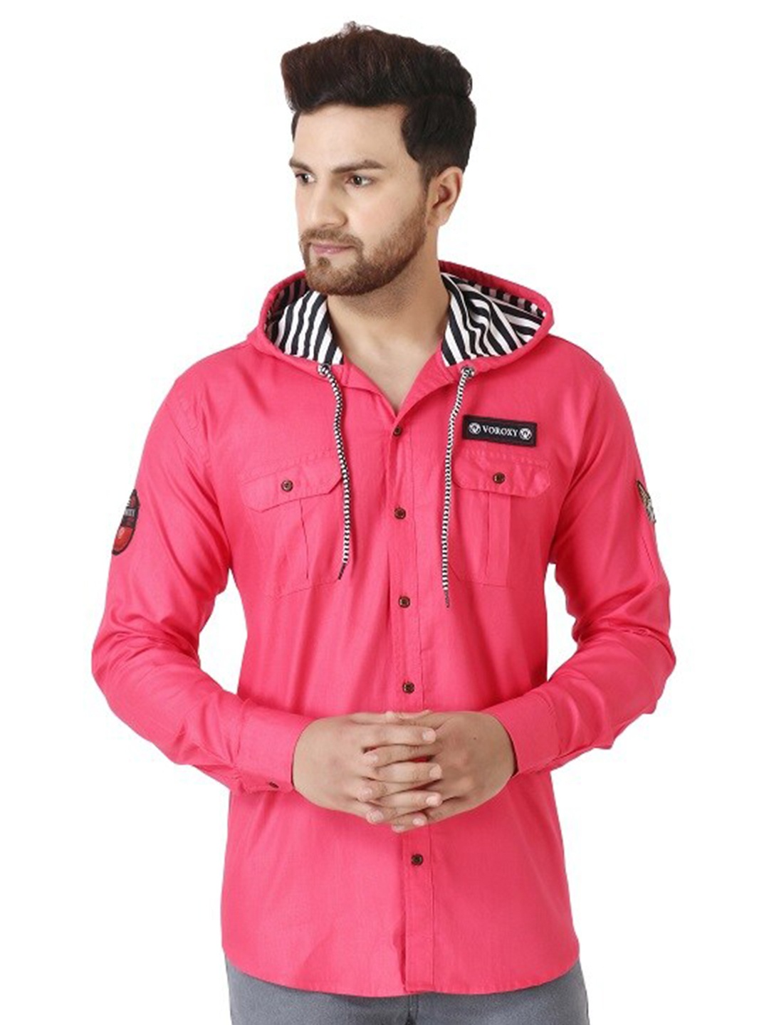 

Voroxy Regular Fit Hood Collar Cotton Casual Shirt, Pink
