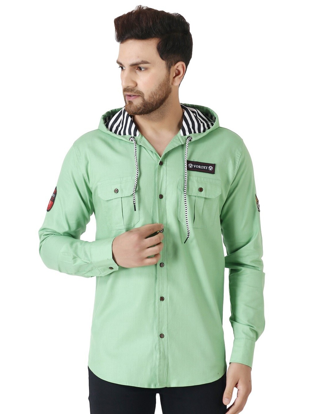 

Voroxy Regular Fit Hood Collar Cotton Casual Shirt, Lime green