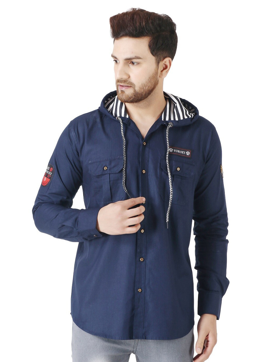 

Voroxy Regular Fit Hood Collar Cotton Casual Shirt, Navy blue