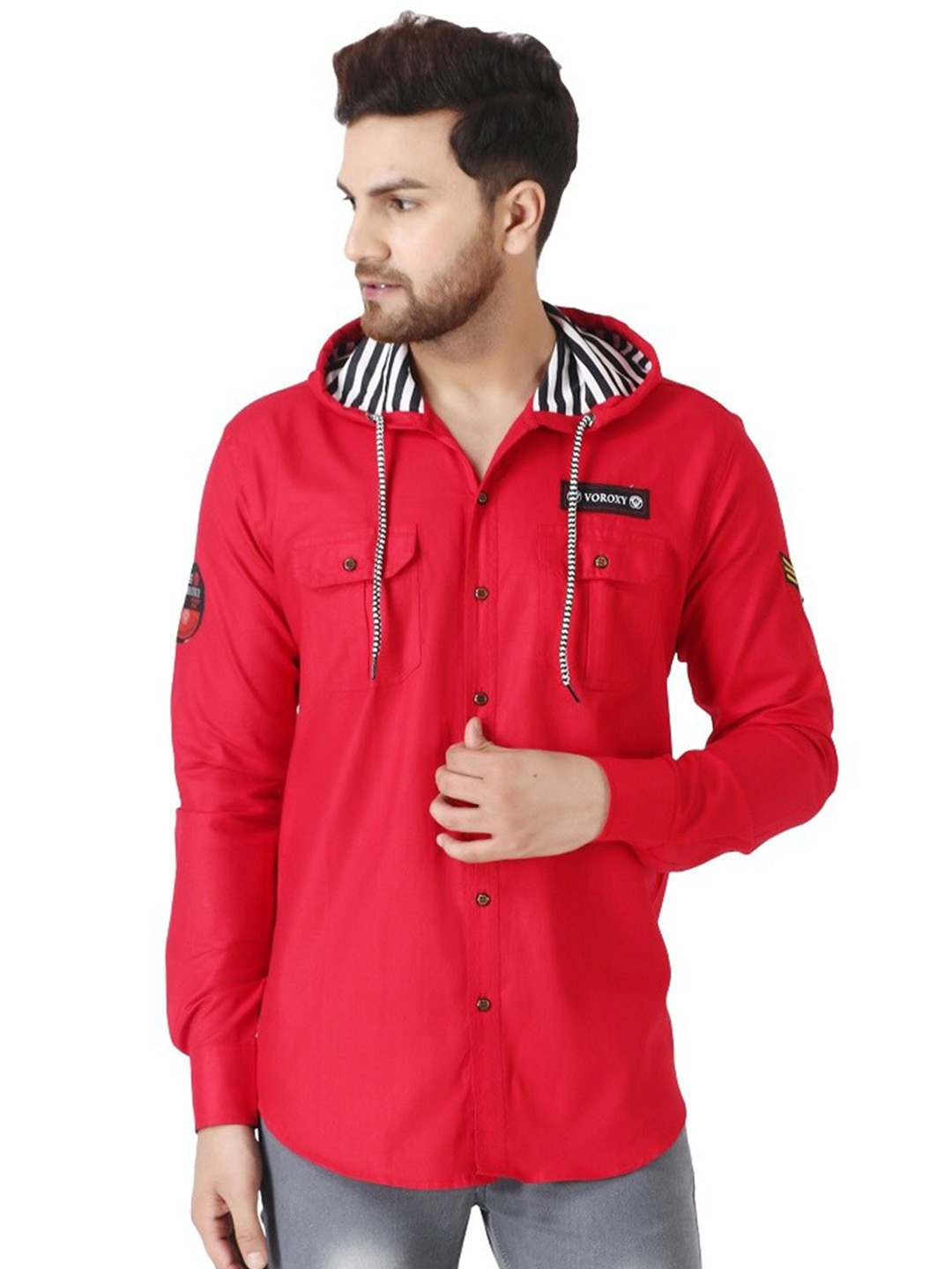 

Voroxy Hooded Opaque Casual Shirt, Red