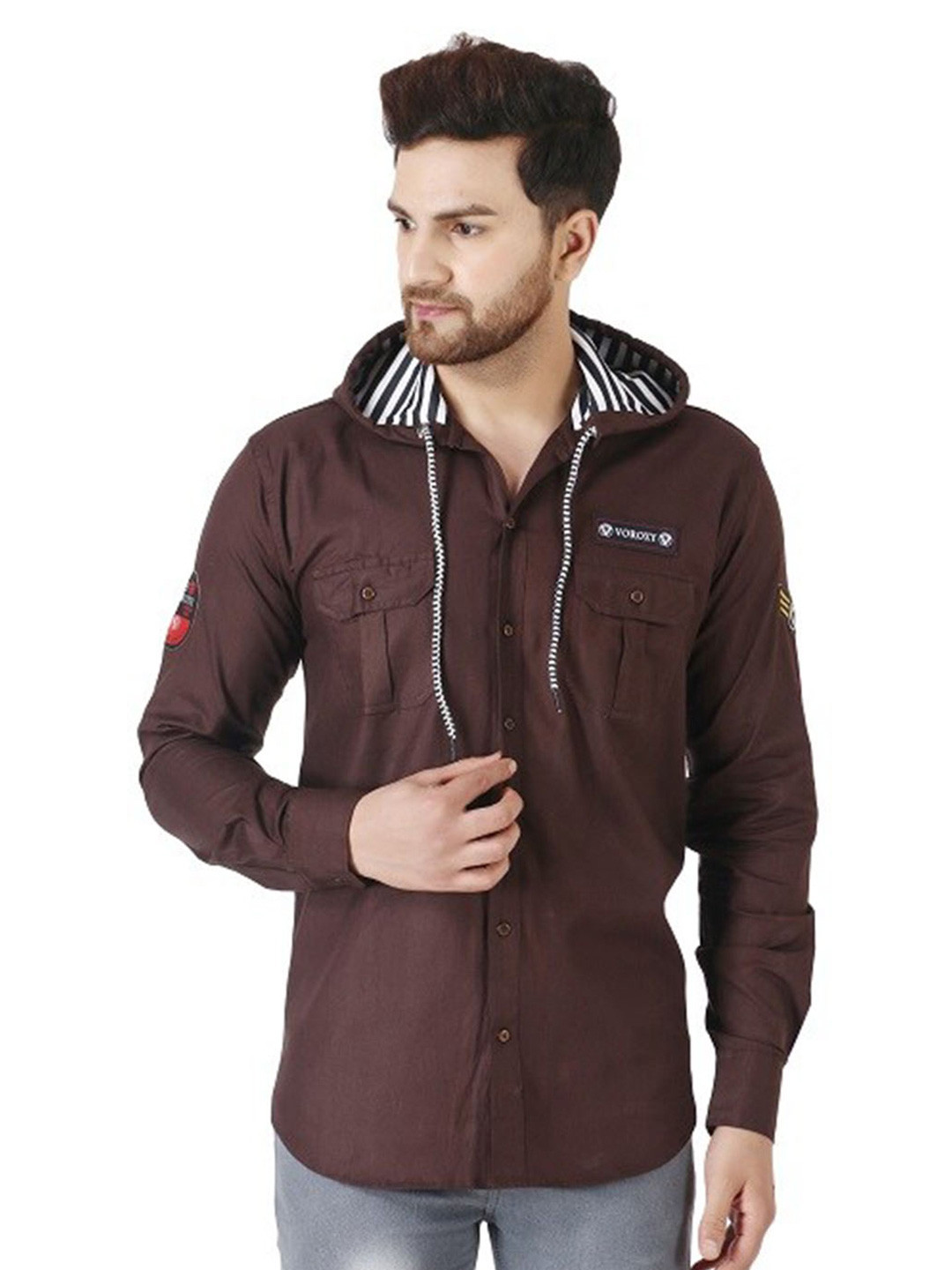 

Voroxy Hooded Opaque Casual Shirt, Brown