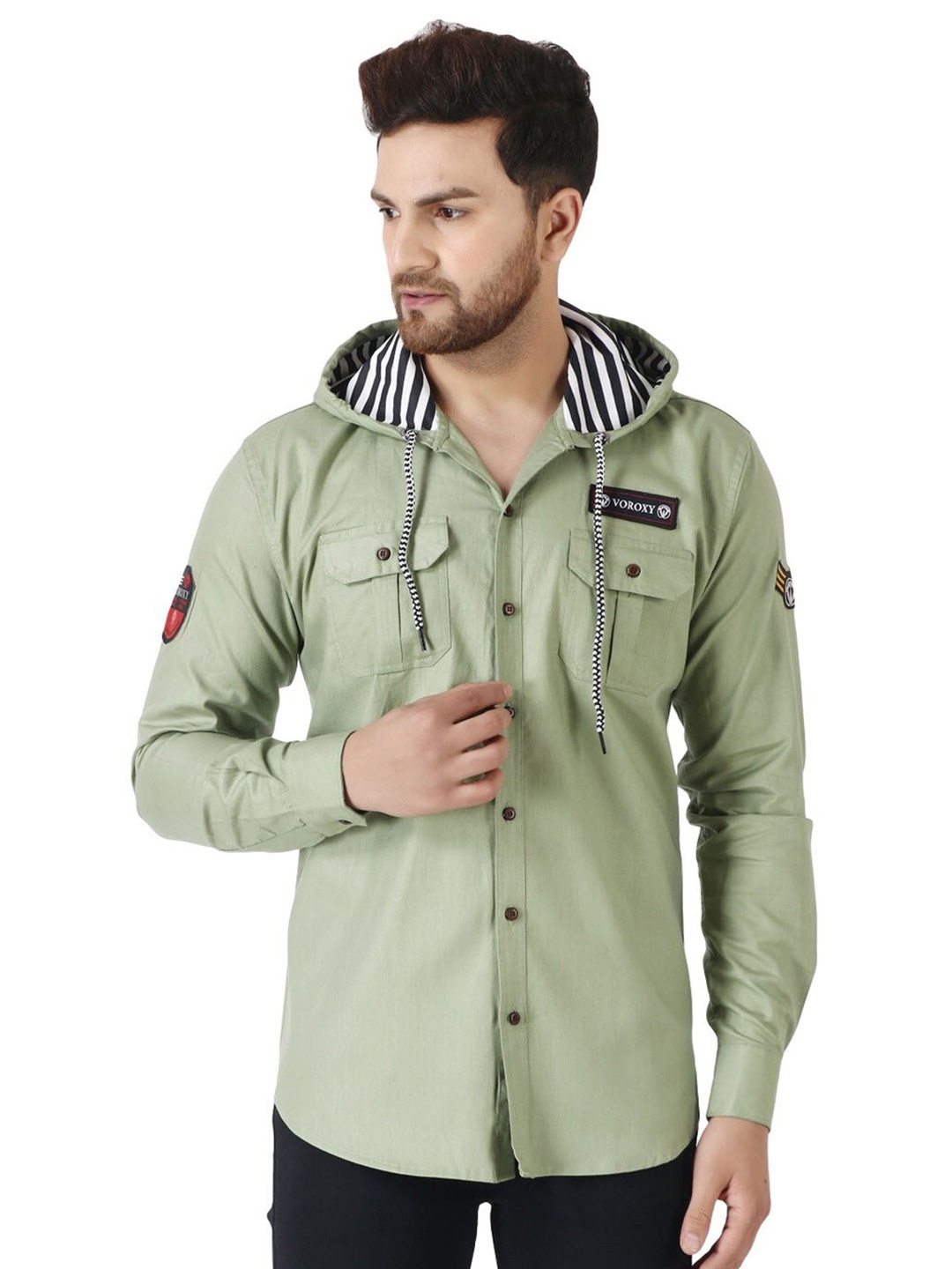

Voroxy Hooded Opaque Casual Shirt, Olive