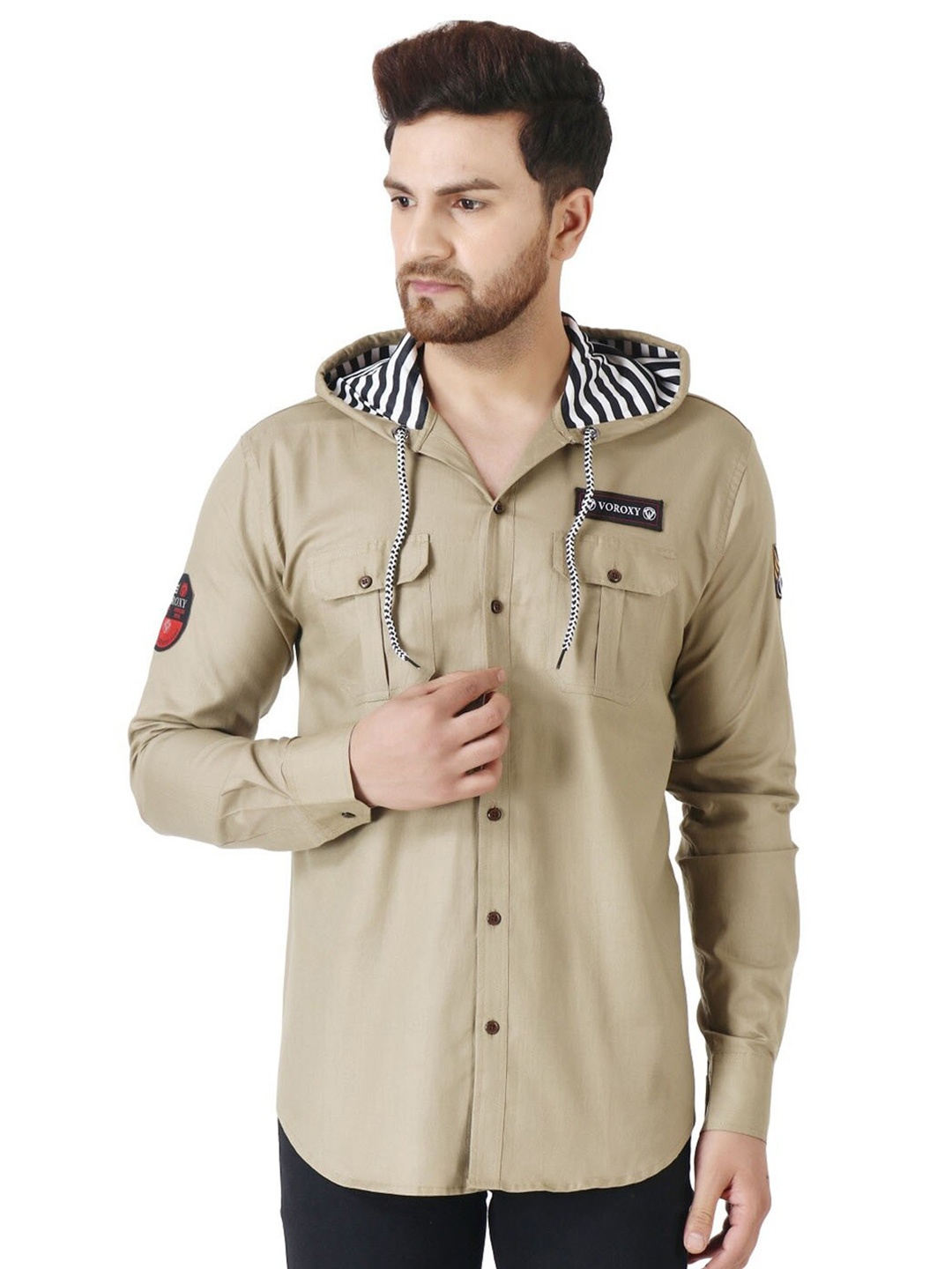 

Voroxy Hooded Cotton Casual Shirt, Beige