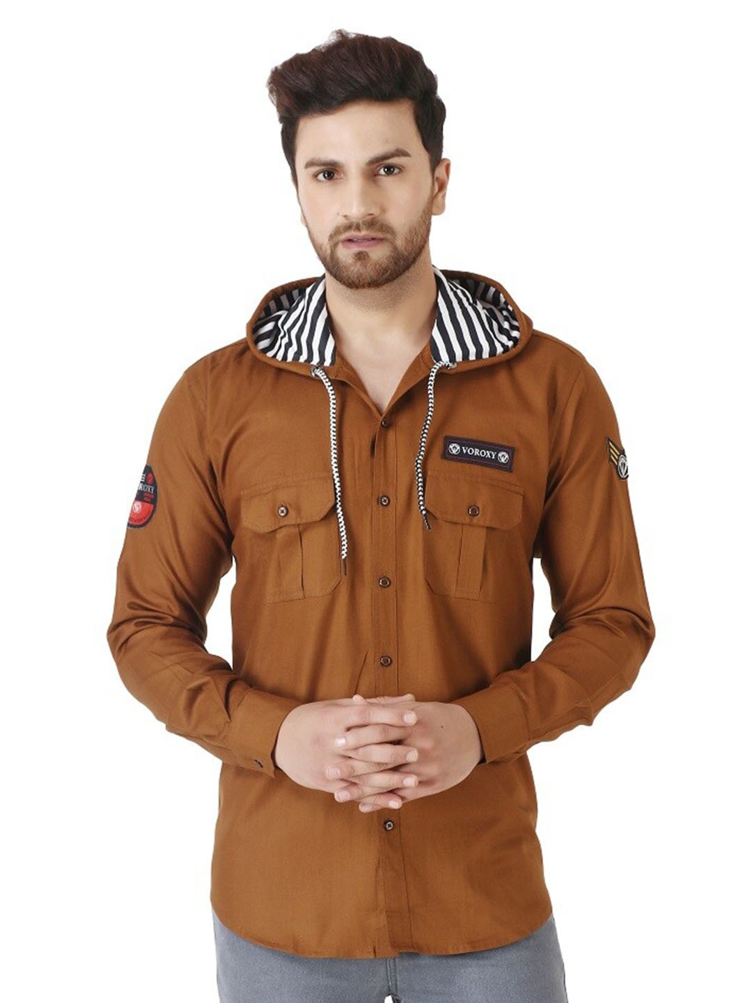 

Voroxy Hooded Cotton Casual Shirt, Brown