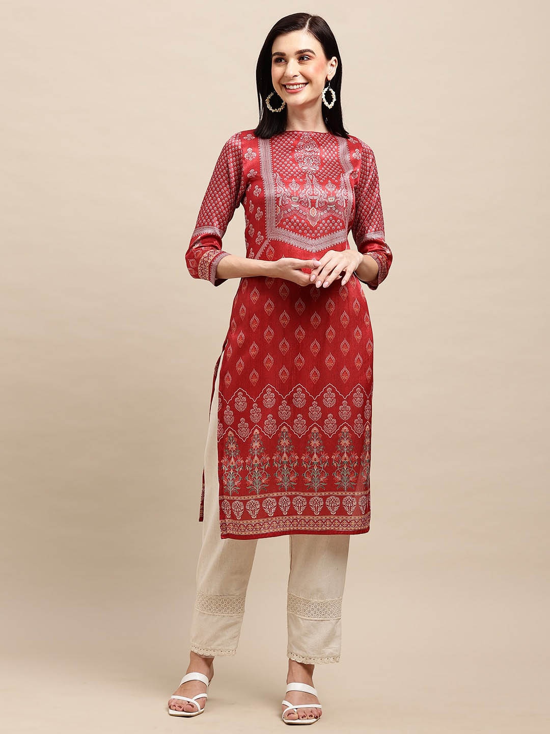 

Sangria Ethnic Motifs Printed Straight Kurta, Red