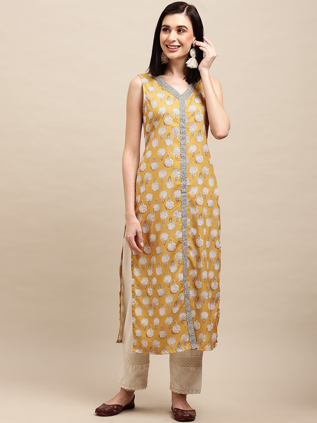 

Sangria Women Floral Printed Crepe Kurta, Mustard