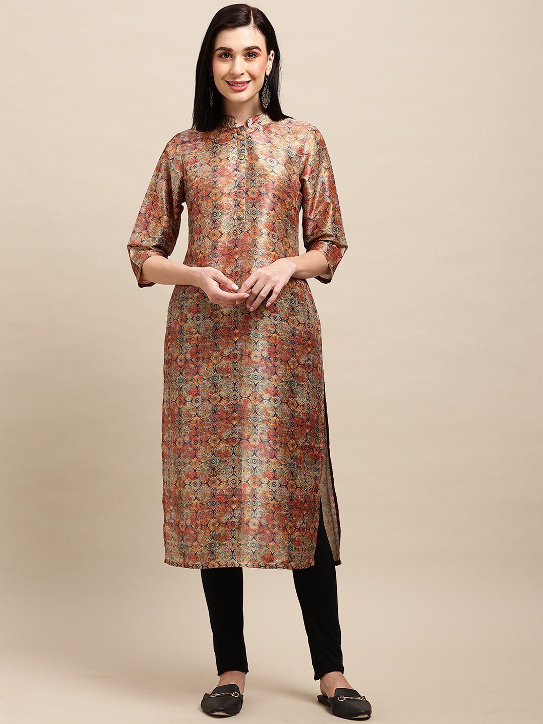 

Sangria Brown Ethnic Motifs Printed Band Collar Straight Kurta