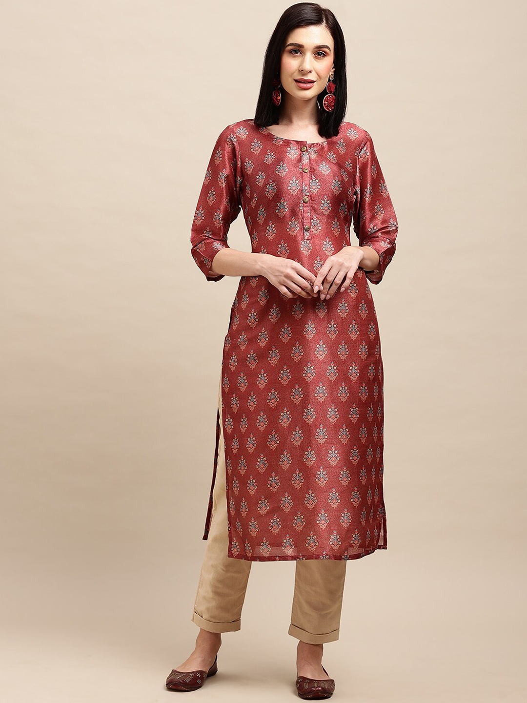 

Sangria Ethnic Motifs Printed Button Detail Chanderi Silk Straight Kurta, Red