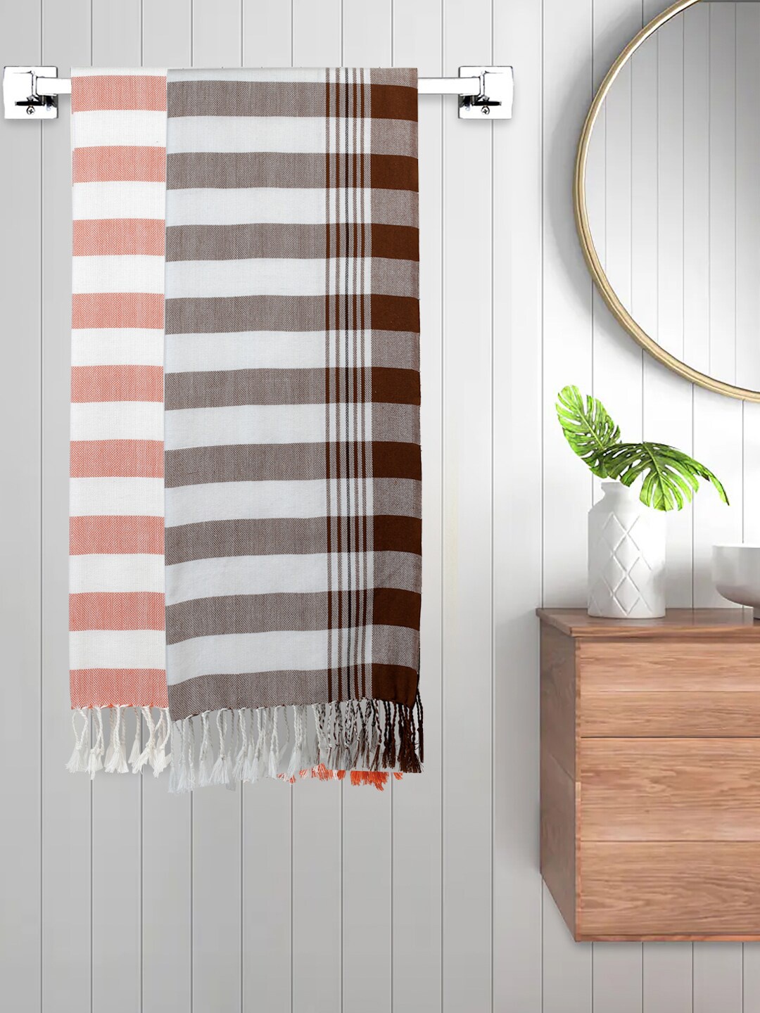 FABINALIV Red & Brown 2 Pieces Striped Cotton 225 GSM Bath Towels
