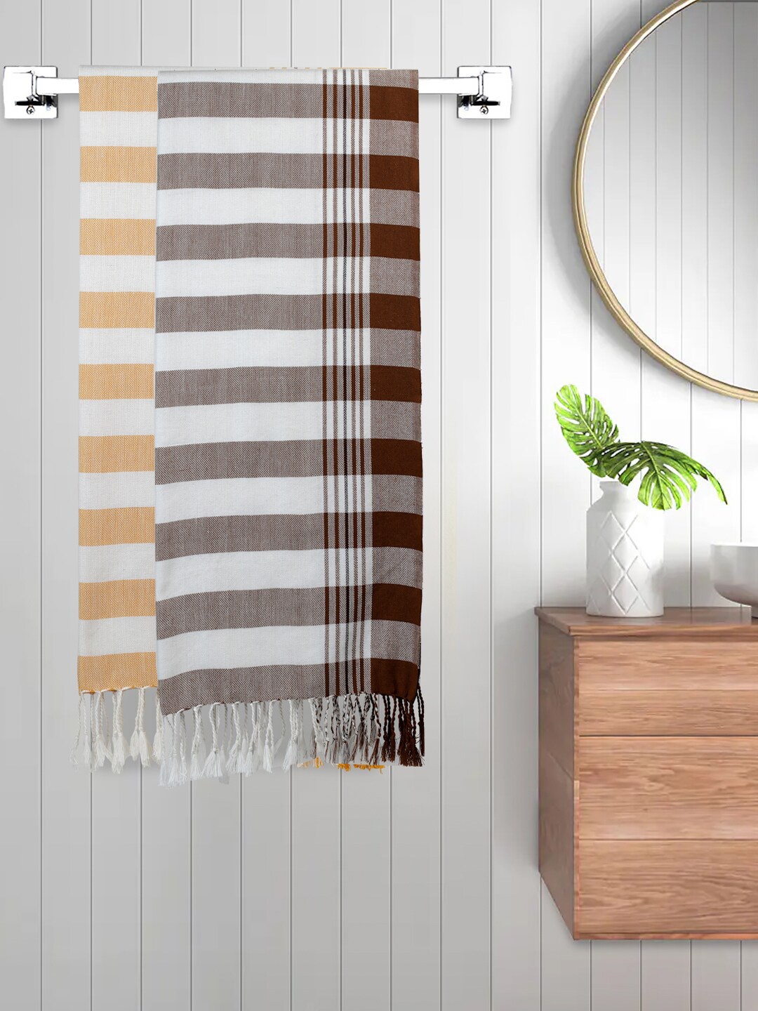

FABINALIV Orange & Brown 2 Pieces Striped 225 GSM Cotton Bath Towels (150X75 cm)