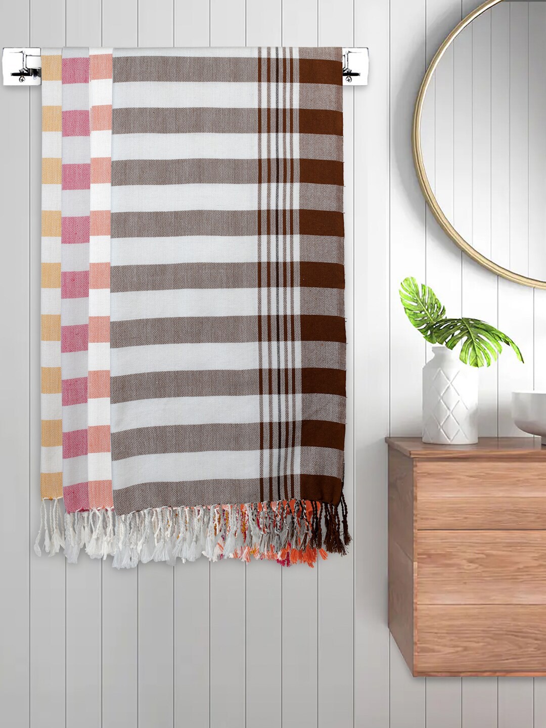 

FABINALIV Pink & Yellow 4 Pieces Striped Cotton 225 GSM Bath Towels