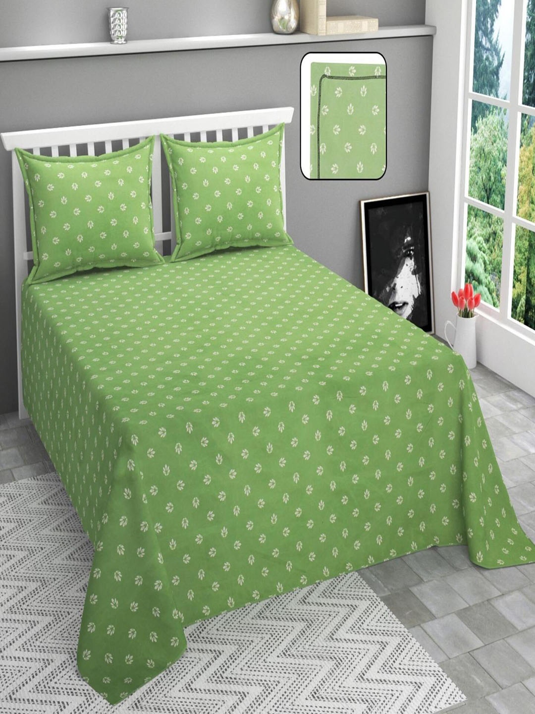 

BELVOSTUM Green Floral 210 TC Cotton Queen Bedsheet with 2 Pillow Covers