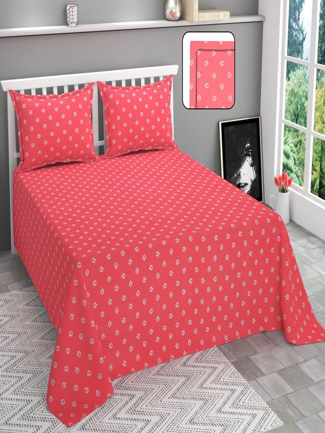 

BELVOSTUM Rose & White Floral 210 TC Cotton Queen Bedsheet with 2 Pillow Covers