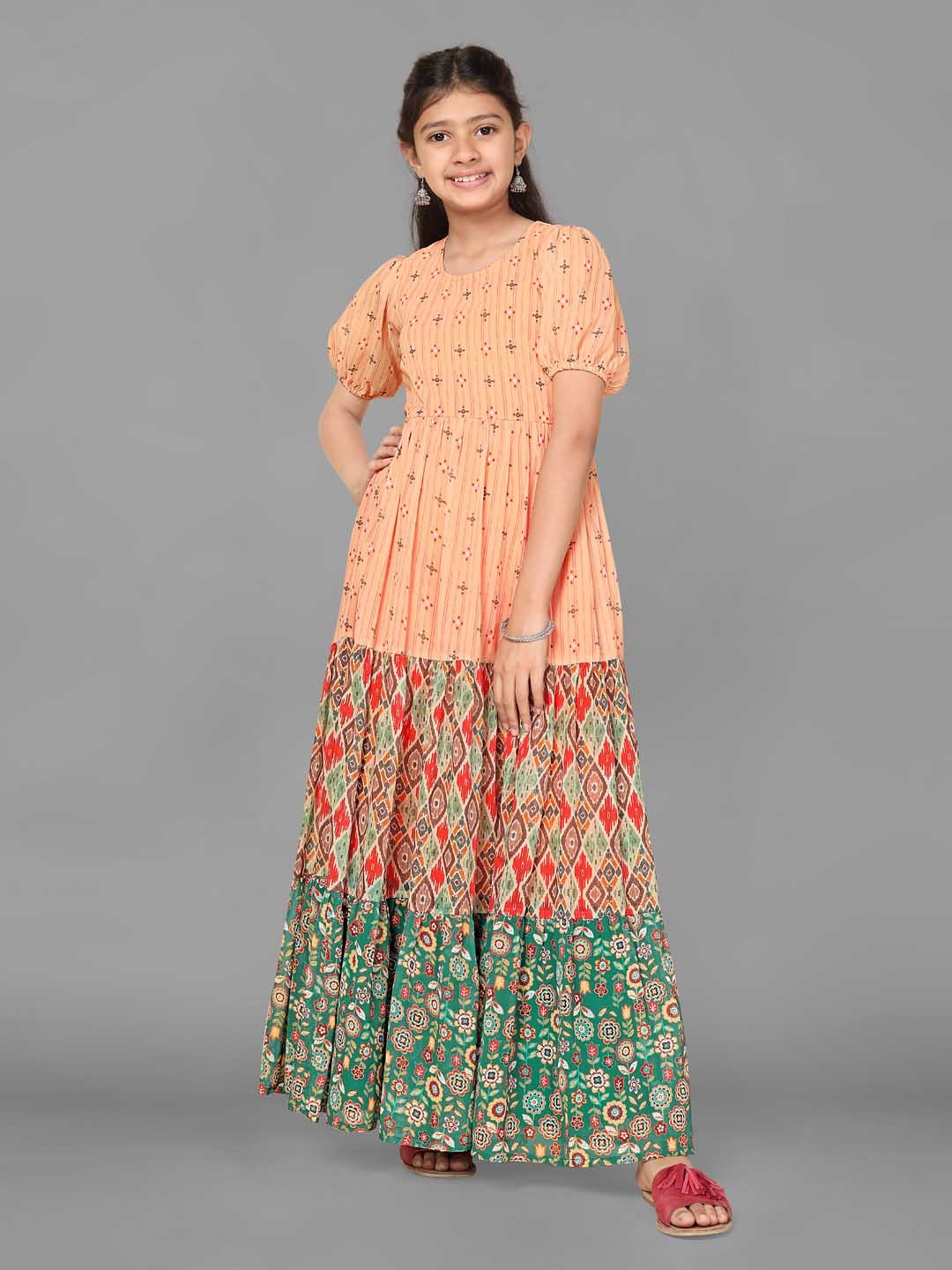 

FASHION DREAM Floral Printed Puff Sleeve Georgette Maxi Dress, Peach