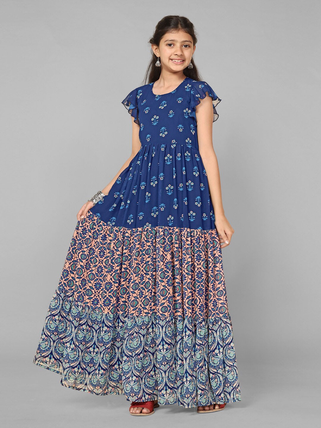 

FASHION DREAM Floral Printed Puff Sleeve Georgette Maxi Dress, Blue