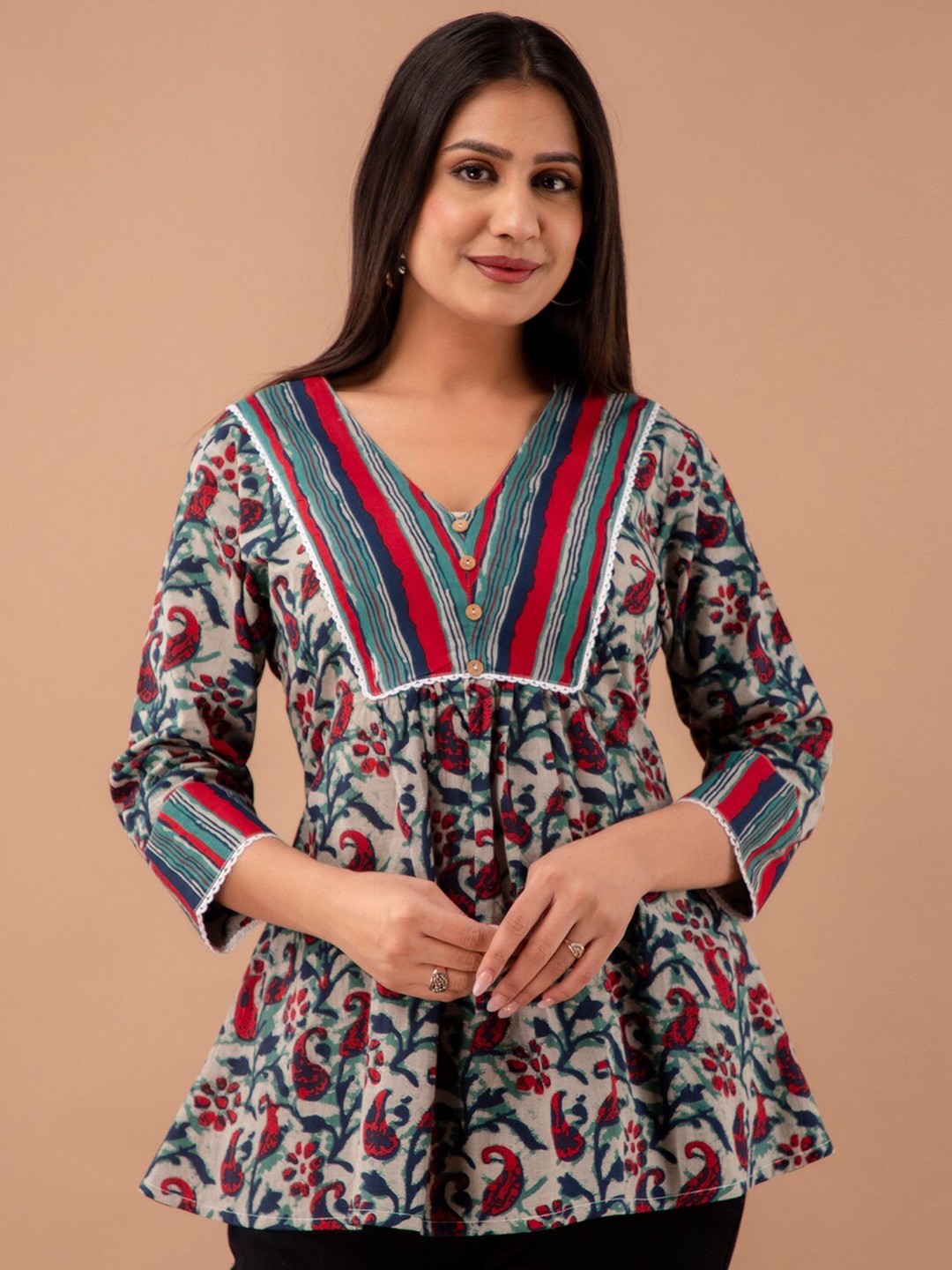 

FERANOID Floral Print Empire A-Line Kurti, Grey
